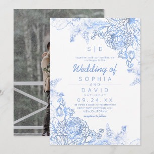 Invitation Élégante Photo Botanique Bleue de Mariage