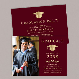 Invitation Élégante photo Burgundy Gold Graduation Party