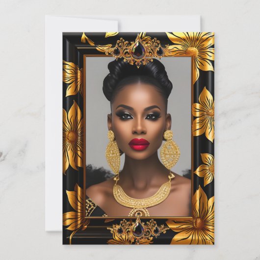Invitation Elégante photo d'anniversaire Black Gold Floral Da (Dos)