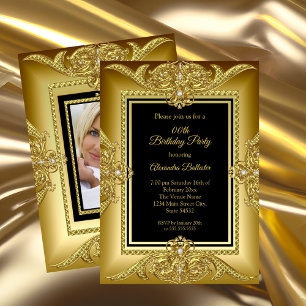 Invitation Elégante photo d'anniversaire Black Gold Golden Fr