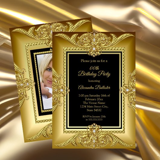 Invitation Elégante photo d'anniversaire Black Gold Golden Fr
