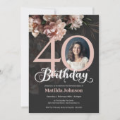 Invitation Élégante photo de 40e anniversaire rose luxuriante (Devant)