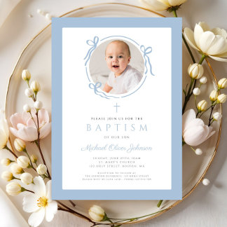 Invitation Élégante photo de baptême avec un nœud bleu bébé