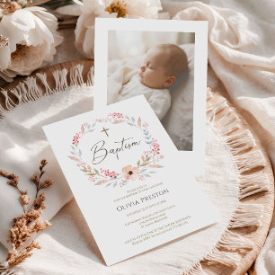 Invitation Élégante photo de baptême de fille rose floral