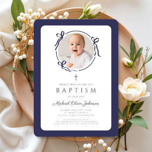 Invitation Élégante Photo de Baptême de Garçon au Nœud Bleu M