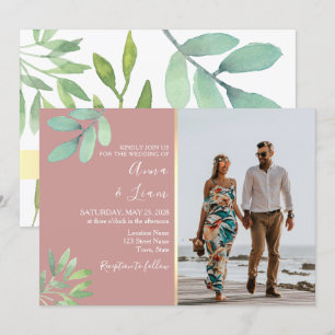 Invitation Élégante photo de mariage avec rose poudrée et ver