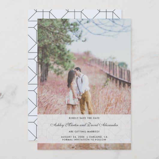 Invitation Élégante Photo de Mariage Bleu Enregistrer la Date (Devant / Derrière)