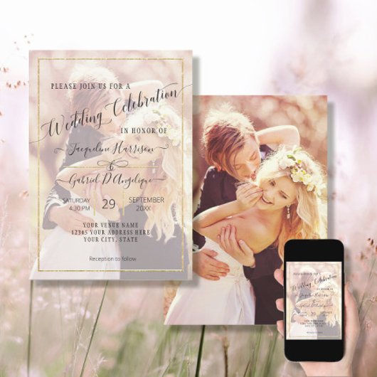Invitation Élégante Photo de Mariage Simple Script Minimal Or