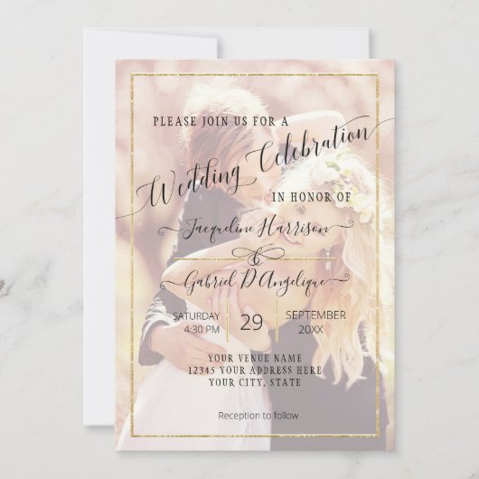 Invitation Élégante Photo de Mariage Simple Script Minimal Or (Devant)