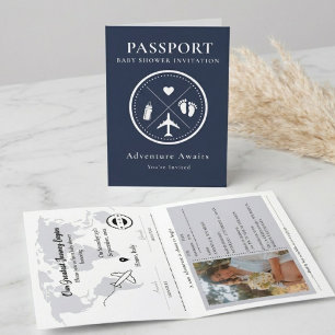 Invitation Élégante photo de passeport bleu marine pour Baby