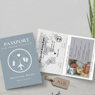 Invitation Élégante Photo de Passeport Bleu pour Garçon Baby