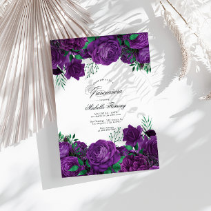 Invitation Élégante Photo de Quinceañera aux Fleurs Violettes