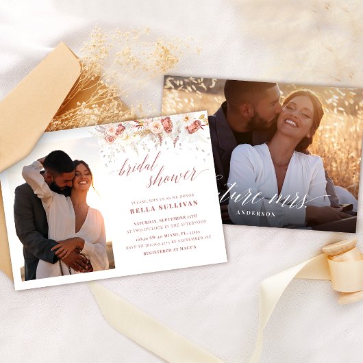 Invitation Elégante photo Dusty Rose Fête des mariées florale