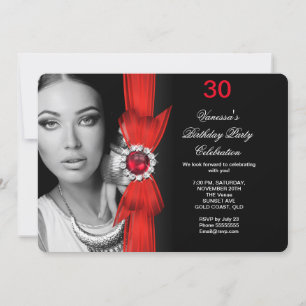 Invitation Élégante Photo Fête d'anniversaire Rouge foncé Noi