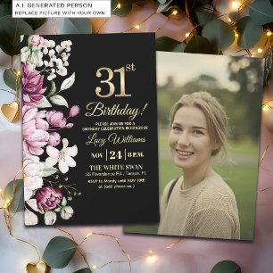 Invitation Élégante Photo Fleurie Or 31 Anniversaire