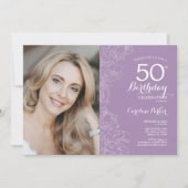 Invitation Élégante Photo Fleurie Violet Clair 50e Anniversai (Devant)