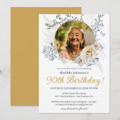 Invitation Elégante photo Florale Jaune 90e anniversaire (Devant / Derrière)