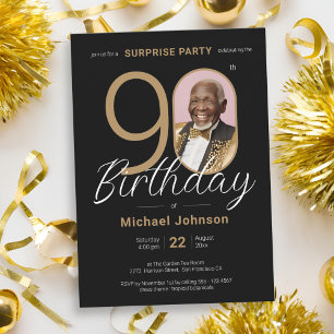 Invitation Elégante photo Gold Black Surprise 90e anniversair