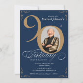 Invitation Elégante photo Marine Blue Gold 90e anniversaire (Devant)