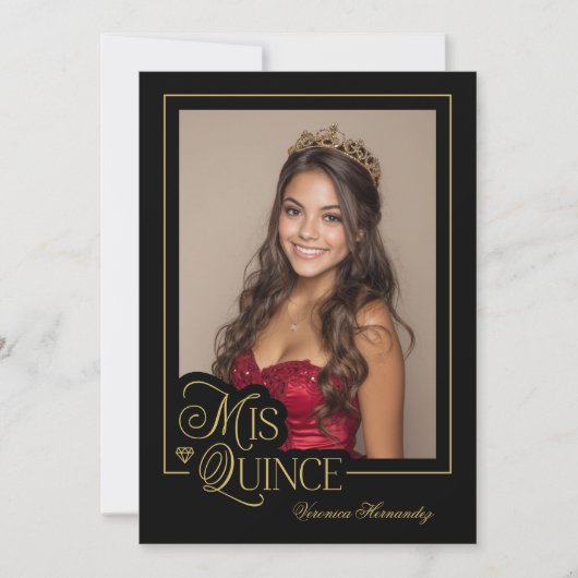 Invitation Élégante Photo Or Noir Mis Quince Quinceañera (Devant)