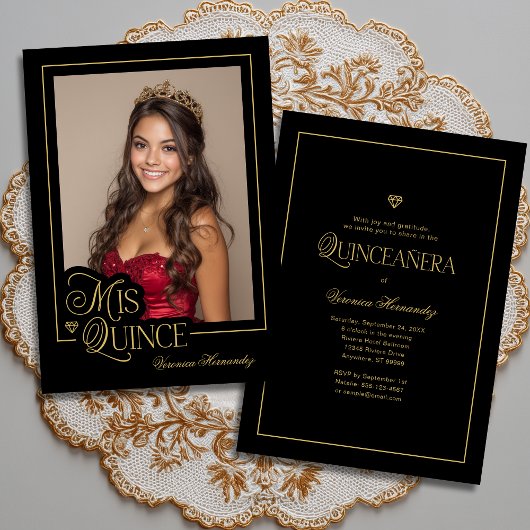 Invitation Élégante Photo Or Noir Mis Quince Quinceañera