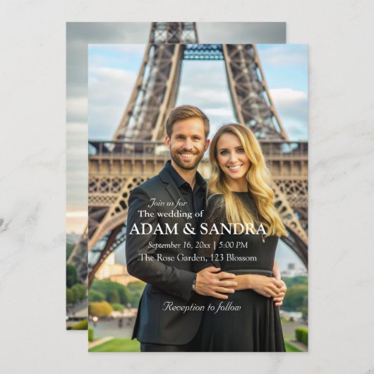 Invitation Elégante photo Overlay Mariage moderne noir blanc (Devant / Derrière)