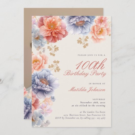 Invitation Élégante photo Pink Floral 100e anniversaire (Devant / Derrière)