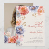 Invitation Élégante photo Pink Floral 50e anniversaire (Devant / Derrière)