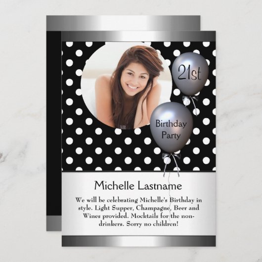 Invitation Elégante photo Polka Dot Silver Balloon 21e (Devant / Derrière)