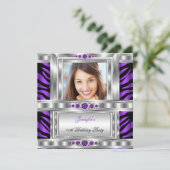 Invitation Elégante Photo Purple Zebra Silver Birthday Party (Debout devant)