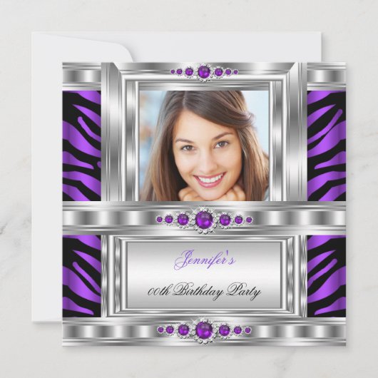 Invitation Elégante Photo Purple Zebra Silver Birthday Party (Devant)