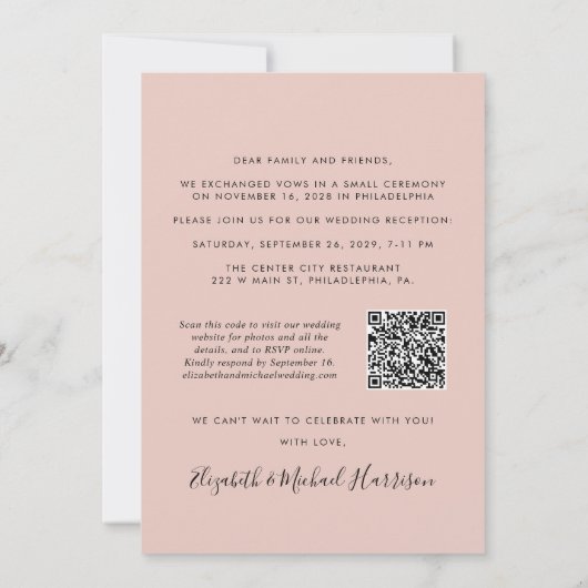 Invitation Elégante Photo QR Code Blush Mariage Réception (Dos)