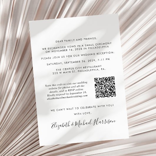 Invitation Elégante Photo QR Code Réception de mariage