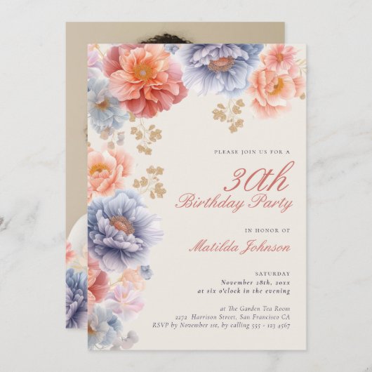 Invitation Élégante photo rose florale 30e anniversaire (Devant / Derrière)