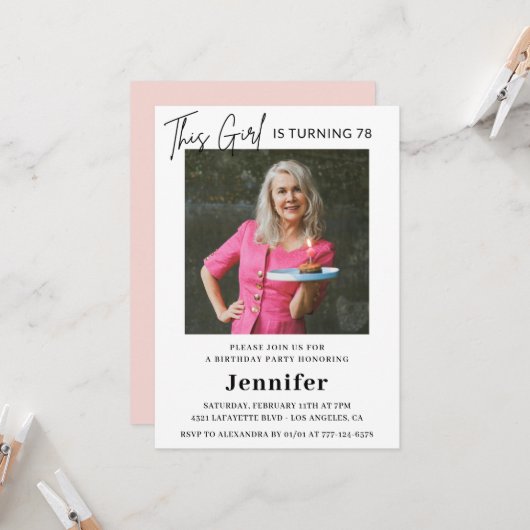 Invitation Élégante photo rose moderne 78e anniversaire (Devant/Arrière en situation)