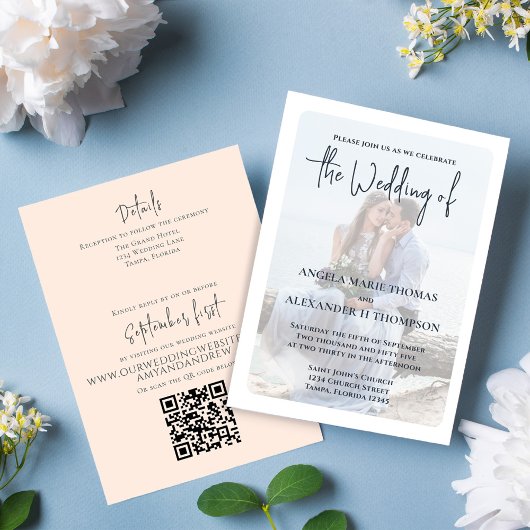 Invitation Elégante photo simple Code QR RSVP Online Peach
