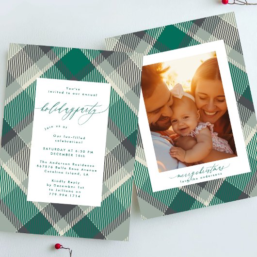 Invitation Élégante photo verte plaid Noël Fête de Noël
