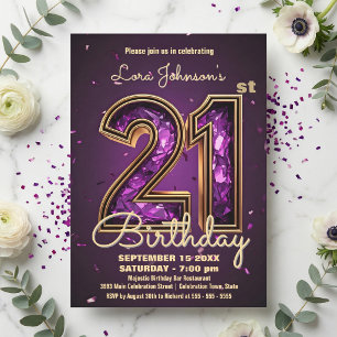 Invitation Élégante pierre précieuse Deep Purple or 21e anniv