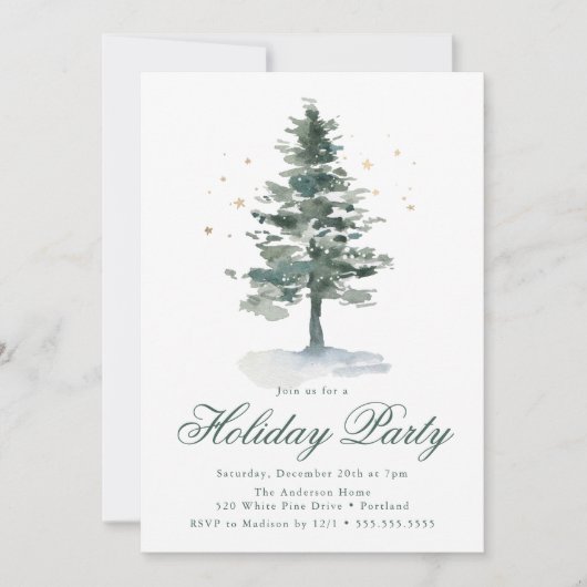 Invitation Elégante Pine Neige Arbre Or Étoiles Fête de Vacan (Devant)