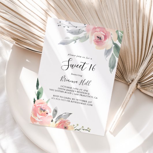 Invitation Élégante Pink Blush Floral Sweet 16 Anniversaire