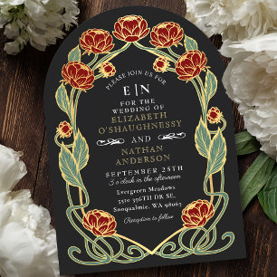 Invitation Élégante Pivoine Rouge Art Nouveau Fleur Mariage