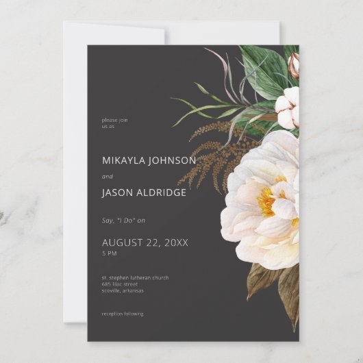 Invitation Elégante pivoines blanches modernes sur Mariage no (Devant)