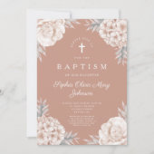 Invitation Élégante pivoines florales Croix Baptême de fille (Devant)