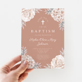Invitation Élégante pivoines florales Croix Baptême de fille
