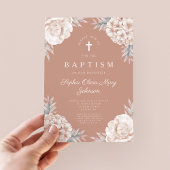 Invitation Élégante pivoines florales Croix Baptême de fille