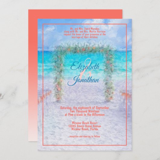 Invitation Elégante plage Arbor Blue Coral Ombre Mariage (Devant / Derrière)