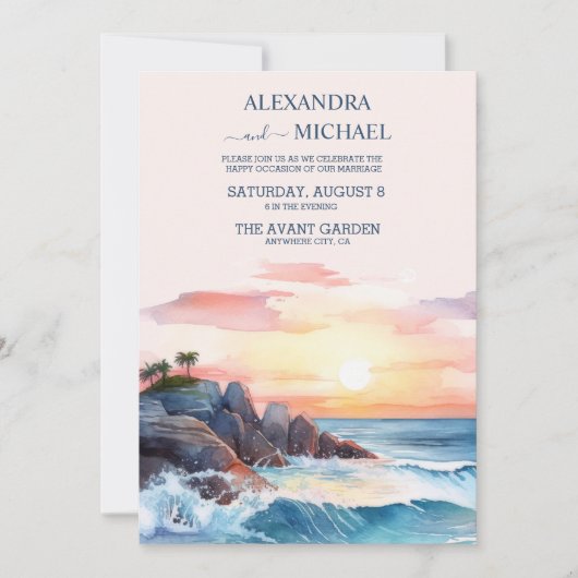 Invitation Elégante plage Mariage bleu océan (Devant)