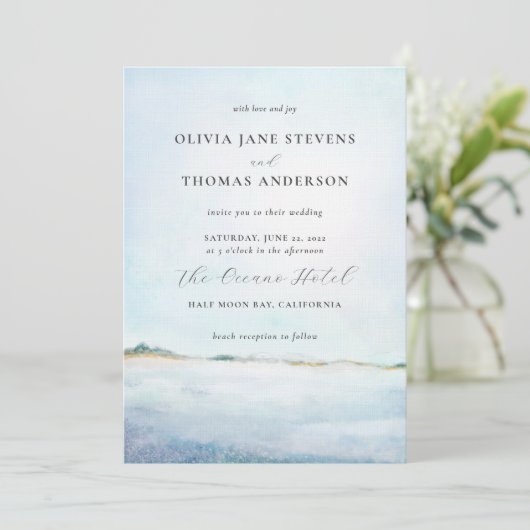 Invitation Elégante plage moderne aquarelle tout en un Mariag (Debout devant)