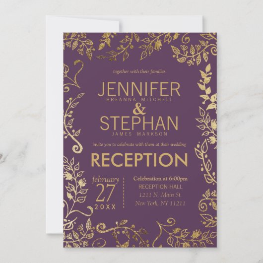 Invitation Elégante Plum Purple Gold Floral Mariage Réception (Devant)