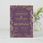 Invitation Elégante Plum Purple Gold Floral Mariage Réception (Debout devant)
